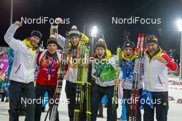 22.02.2014, Sochi, Russia (RUS): Eric Lesser (GER), Arnd Peiffer (GER), Daniel Boehm (GER), Simon Schempp (GER), Mark Kirchner (GER) coach Team Germany, FritzFischer (GER) coach Team Germany - XXII. Olympic Winter Games Sochi 2014, biathlon, relay men, Sochi (RUS). www.nordicfocus.com. © NordicFocus. Every downloaded picture is fee-liable.