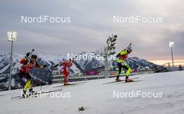 22.02.2014, Sochi, Russia (RUS): (l-r) Eric Lesser (GER)Salomon, Swix, adidas, Krzysztof Plywaczyk (POL)Fischer, Rottefella, Alpina, Leki, Casco and Pavol Hurajt (SVK) Fischer, Rottefella, Alpina, One Way - XXII. Olympic Winter Games Sochi 2014, biathlon, relay men, Sochi (RUS). www.nordicfocus.com. © NordicFocus. Every downloaded picture is fee-liable.