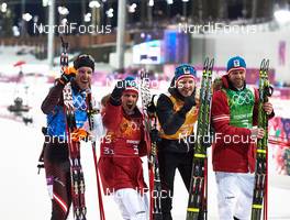 22.02.2014, Sochi, Russia (RUS): Dominik Landertinger (AUT), Christoph Sumann (AUT), Simon Eder (AUT), Daniel Mesotitsch (AUT), (l-r) - XXII. Olympic Winter Games Sochi 2014, biathlon, relay men, Sochi (RUS). www.nordicfocus.com. © NordicFocus. Every downloaded picture is fee-liable.
