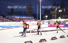 22.02.2014, Sochi, Russia (RUS): Dmitry Malyshko (RUS), Simon Eder (AUT), Arnd Peiffer (GER), (l-r) - XXII. Olympic Winter Games Sochi 2014, biathlon, relay men, Sochi (RUS). www.nordicfocus.com. © NordicFocus. Every downloaded picture is fee-liable.