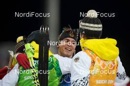 22.02.2014, Sochi, Russia (RUS): Simon Schempp (GER) celebrates with his teammates - XXII. Olympic Winter Games Sochi 2014, biathlon, relay men, Sochi (RUS). www.nordicfocus.com. © NordicFocus. Every downloaded picture is fee-liable.