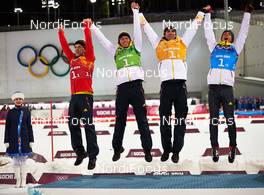 22.02.2014, Sochi, Russia (RUS): Erik Lesser (GER), Daniel Boehm (GER), Arnd Peiffer (GER), Simon Schempp (GER), (l-r) - XXII. Olympic Winter Games Sochi 2014, biathlon, relay men, Sochi (RUS). www.nordicfocus.com. © NordicFocus. Every downloaded picture is fee-liable.