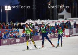 22.02.2014, Sochi, Russia (RUS): Daniel Boehm (GER), Johannes Thingnes Boe (NOR), Evgeny Ustyugov (RUS), (l-r) - XXII. Olympic Winter Games Sochi 2014, biathlon, relay men, Sochi (RUS). www.nordicfocus.com. © NordicFocus. Every downloaded picture is fee-liable.