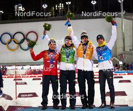 22.02.2014, Sochi, Russia (RUS): Erik Lesser (GER), Daniel Boehm (GER), Arnd Peiffer (GER), Simon Schempp (GER), (l-r) - XXII. Olympic Winter Games Sochi 2014, biathlon, relay men, Sochi (RUS). www.nordicfocus.com. © NordicFocus. Every downloaded picture is fee-liable.
