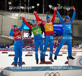 22.02.2014, Sochi, Russia (RUS): Alexey Volkov (RUS), Evgeny Ustyugov (RUS), Dmitry Malyshko (RUS), Anton Shipulin (RUS), (l-r) - XXII. Olympic Winter Games Sochi 2014, biathlon, relay men, Sochi (RUS). www.nordicfocus.com. © NordicFocus. Every downloaded picture is fee-liable.