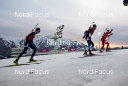 22.02.2014, Sochi, Russia (RUS): (l-r) Tarjei Boe (NOR)Fischer, Rottefella, Alpina, Swix, ODLO, Lowell Bailey (USA)Rossignol, Rottefella, One Way and Claudio Boeckli (SUI) Rossignol, Rottefella, Leki, ODLO - XXII. Olympic Winter Games Sochi 2014, biathlon, relay men, Sochi (RUS). www.nordicfocus.com. © NordicFocus. Every downloaded picture is fee-liable.