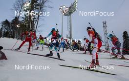 22.02.2014, Sochi, Russia (RUS): first leg skiers on the first uphill - XXII. Olympic Winter Games Sochi 2014, biathlon, relay men, Sochi (RUS). www.nordicfocus.com. © NordicFocus. Every downloaded picture is fee-liable.