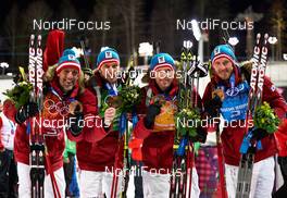 22.02.2014, Sochi, Russia (RUS): Christoph Sumann (AUT), Daniel Mesotitsch (AUT), Simon Eder (AUT), Dominik Landertinger (AUT), (l-r) - XXII. Olympic Winter Games Sochi 2014, biathlon, relay men, Sochi (RUS). www.nordicfocus.com. © NordicFocus. Every downloaded picture is fee-liable.
