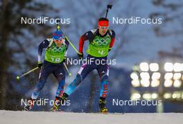 22.02.2014, Sochi, Russia (RUS): Evgeny Ustyugov (RUS) Fischer, Rottefella, Swix, adidas followed by Russell Currier (USA) Rossignol, Rottefella, OneWay, adidas - XXII. Olympic Winter Games Sochi 2014, biathlon, relay men, Sochi (RUS). www.nordicfocus.com. © NordicFocus. Every downloaded picture is fee-liable.