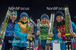 21.02.2014, Sochi, Russia (RUS): Olena Pidhrushna (UKR), Valj Semerenko (UKR), Juliya Dzhyma (UKR), Vita Semerenko (UKR) - XXII. Olympic Winter Games Sochi 2014, biathlon, relay women, Sochi (RUS). www.nordicfocus.com. © NordicFocus. Every downloaded picture is fee-liable.