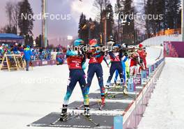 21.02.2014, Sochi, Russia (RUS): Vita Semerenko (UKR), Yana Romanova (RUS), Susan Dunklee (USA), (l-r) - XXII. Olympic Winter Games Sochi 2014, biathlon, relay women, Sochi (RUS). www.nordicfocus.com. © NordicFocus. Every downloaded picture is fee-liable.