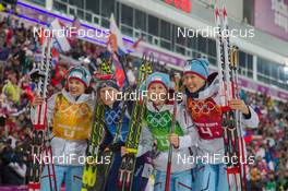21.02.2014, Sochi, Russia (RUS): Ann Kristin Aafedt Flatland (NOR), Tora Berger (NOR), Tiril Ekhoff (NOR), Fanny Welle-Strand Horn (NOR) - XXII. Olympic Winter Games Sochi 2014, biathlon, relay women, Sochi (RUS). www.nordicfocus.com. © NordicFocus. Every downloaded picture is fee-liable.