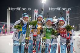 21.02.2014, Sochi, Russia (RUS): Tora Berger (NOR), Ann Kristin Aafedt Flatland (NOR), Tiril Ekhoff (NOR), Fanny Welle-Strand Horn (NOR) - XXII. Olympic Winter Games Sochi 2014, biathlon, relay women, Sochi (RUS). www.nordicfocus.com. © NordicFocus. Every downloaded picture is fee-liable.