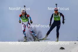 21.02.2014, Sochi, Russia (RUS): (l-r) Gabriela Soukalova (CZE) Fischer, Rottefella, OneWay and Tiril Eckhoff (NOR), Fischer, Swix, Rottefella, Odlo - XXII. Olympic Winter Games Sochi 2014, biathlon, relay women, Sochi (RUS). www.nordicfocus.com. © NordicFocus. Every downloaded picture is fee-liable.