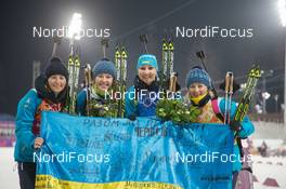 21.02.2014, Sochi, Russia (RUS): Vita Semerenko (UKR), Juliya Dzhyma (UKR), Olena Pidhrushna (UKR), Valj Semerenko (UKR) - XXII. Olympic Winter Games Sochi 2014, biathlon, relay women, Sochi (RUS). www.nordicfocus.com. © NordicFocus. Every downloaded picture is fee-liable.