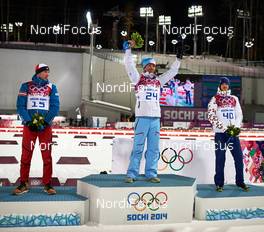 08.02.2014, Sochi, Russia (RUS): Dominik Landertinger (AUT), Ole Einar Bjoerndalen (NOR), Jaroslav Soukup (CZE), (l-r) - XXII. Olympic Winter Games Sochi 2014, biathlon, sprint men, Sochi (RUS). www.nordicfocus.com. © NordicFocus. Every downloaded picture is fee-liable.