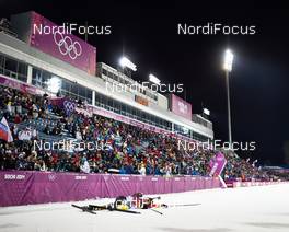 08.02.2014, Sochi, Russia (RUS): Erik Lesser (GER), fatigue in the finish area - XXII. Olympic Winter Games Sochi 2014, biathlon, sprint men, Sochi (RUS). www.nordicfocus.com. © NordicFocus. Every downloaded picture is fee-liable.