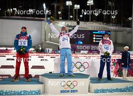 08.02.2014, Sochi, Russia (RUS): Dominik Landertinger (AUT), Ole Einar Bjoerndalen (NOR), Jaroslav Soukup (CZE), (l-r) - XXII. Olympic Winter Games Sochi 2014, biathlon, sprint men, Sochi (RUS). www.nordicfocus.com. © NordicFocus. Every downloaded picture is fee-liable.