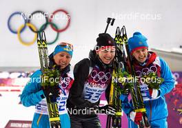 09.02.2014, Sochi, Russia (RUS): Vita Semerenko (UKR), Anastasiya Kuzmina (SVK), Olga Vilukhina (RUS), (l-r) - XXII. Olympic Winter Games Sochi 2014, biathlon, sprint women, Sochi (RUS). www.nordicfocus.com. © NordicFocus. Every downloaded picture is fee-liable.