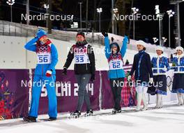 09.02.2014, Sochi, Russia (RUS): Olga Vilukhina (RUS), Anastasiya Kuzmina (SVK), Vita Semerenko (UKR), (l-r), on the way to flower ceremony - XXII. Olympic Winter Games Sochi 2014, biathlon, sprint women, Sochi (RUS). www.nordicfocus.com. © NordicFocus. Every downloaded picture is fee-liable.