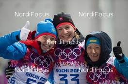 09.02.2014, Sochi, Russia (RUS): Olga Vilukhina (RUS), Anastasiya Kuzmina (SVK), Vita Semerenko (UKR) - XXII. Olympic Winter Games Sochi 2014, biathlon, sprint women, Sochi (RUS). www.nordicfocus.com. © NordicFocus. Every downloaded picture is fee-liable.