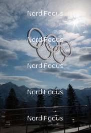 10.02.2014, Sochi, Russia (RUS): Event Feature: Olympic Rings with the mountains - XXII. Olympic Winter Games Sochi 2014, biathlon, training, Sochi (RUS). www.nordicfocus.com. © NordicFocus. Every downloaded picture is fee-liable.