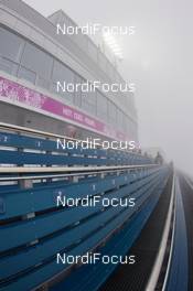 17.02.2014, Sochi, Russia (RUS): Event Feature: The grandstand in the fog - XXII. Olympic Winter Games Sochi 2014, biathlon, training, Sochi (RUS). www.nordicfocus.com. © NordicFocus. Every downloaded picture is fee-liable.