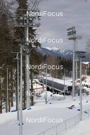 10.02.2014, Sochi, Russia (RUS): Event Feature: Overview over the cablecar station with the lighting poles - XXII. Olympic Winter Games Sochi 2014, biathlon, training, Sochi (RUS). www.nordicfocus.com. © NordicFocus. Every downloaded picture is fee-liable.