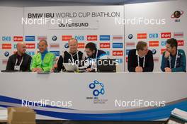 30.11.2014, Oestersund, Sweden (SWE):  Event Feature: IBU Pressconference with Anders Yttergard (SWE), director, Borut Nunar (SLO) IBU race director, Peer Lange (GER), IBU communications director, Bruno Chappuis (SUI), EBU, Jakub Bjoerstroem (SWE), EBU, Patrik Jemteborn (SWE), president of the oc- IBU world cup biathlon, relay mixed, Oestersund (SWE). www.nordicfocus.com. © Manzoni/NordicFocus. Every downloaded picture is fee-liable.