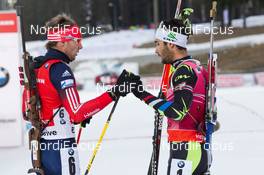 07.12.2014, Oestersund, Sweden (SWE):  Anton Shipulin (RUS), Martin Fourcade (FRA) - IBU world cup biathlon, pursuit men, Oestersund (SWE). www.nordicfocus.com. © Manzoni/NordicFocus. Every downloaded picture is fee-liable.