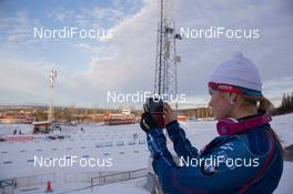 28.11.2014, Oestersund, Sweden (SWE): Gabriela Soukalova (CZE) taking pictures of the new stadium  - IBU world cup biathlon, training, Oestersund (SWE). www.nordicfocus.com. © Manzoni/NordicFocus. Every downloaded picture is fee-liable.