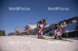 12.12.2014, Hochfilzen, Austria (AUT): Simon Eder (AUT), Dominik Landertinger (AUT), David Komatz (AUT), Eric Lesser (GER) - IBU world cup biathlon, sprint men, Hochfilzen (AUT). www.nordicfocus.com. © Manzoni/NordicFocus. Every downloaded picture is fee-liable.