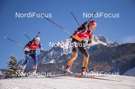 12.12.2014, Hochfilzen, Austria (AUT): Luise Kummer (GER), Susan Dunklee (USA) - IBU world cup biathlon, sprint women, Hochfilzen (AUT). www.nordicfocus.com. © Manzoni/NordicFocus. Every downloaded picture is fee-liable.