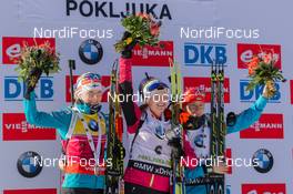 20.12.2014, Pokljuka, Slovenia (SLO): Kaisa Maekaeraeinen (FIN), Darya Domracheva (BLR), Valj Semerenko (UKR)  - IBU world cup biathlon, pursuit women, Pokljuka (SLO). www.nordicfocus.com. © Manzoni/NordicFocus. Every downloaded picture is fee-liable.
