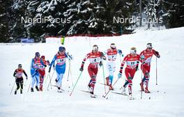 01.01.2014, Lenzerheide, Switzerland (SUI): Celia Aymonier (FRA), Kerttu Niskanen (FIN), Heidi Weng (NOR), Aino-Kaisa Saarinen (FIN), Astrid Uhrenholdt Jacobsen (NOR), Hanna Erikson (SWE), Therese Johaug (NOR), Ingvild Flugstad Oestberg (NOR), (l-r) - FIS world cup cross-country, tour de ski, mass women, Lenzerheide (SUI). www.nordicfocus.com. © Felgenhauer/NordicFocus. Every downloaded picture is fee-liable.
