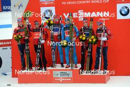 12.01.2014, Nove Mesto, Czech Republic (CZE): Eldar Roenning (NOR), Eirik Brandsdal (NOR), Nikita Kriukov (RUS), Maxim Vylegzhanin (RUS), Ola Vigen Hattestad (NOR), Paal Golberg (NOR), (l-r) - FIS world cup cross-country, team sprint, Nove Mesto (CZE). www.nordicfocus.com. © Rauschendorfer/NordicFocus. Every downloaded picture is fee-liable.