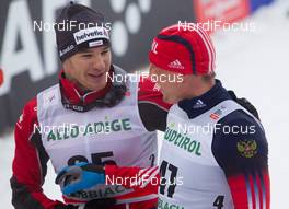 01.02.2014, Toblach, Italy (ITA): Dario Cologna (SUI), Alexander Legkov (RUS) - FIS world cup cross-country, 15km men, Toblach (ITA). www.nordicfocus.com. © Manzoni/NordicFocus. Every downloaded picture is fee-liable.