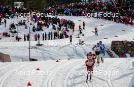 08.03.2014, Oslo, Norway (NOR): Martin Johnsrud Sundby (NOR), Fischer, KV+, Rottefella, Swix followed by Alexander Legkov (RUS), Rossignol, Swix, Rottefella, Adidas and Lukas Bauer (CZE), Fischer, Leki, Alpina, Rottefella, Swix, Toko - FIS world cup cross-country, mass men, Oslo (NOR). www.nordicfocus.com. © Laiho/NordicFocus. Every downloaded picture is fee-liable.