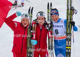 09.03.2014, Oslo, Norway (NOR): (l-r) Therese Johaug (NOR), Fischer, Swix, Rottefella, Marit Bjoergen (NOR), Fischer, Swix, Rottefella and Kerttu Niskanen (FIN), Fischer, Yoko, Rottefella, Craft - FIS world cup cross-country, mass women, Oslo (NOR). www.nordicfocus.com. © Laiho/NordicFocus. Every downloaded picture is fee-liable.