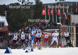 16.03.2014, Falun, Sweden (SWE): Andrew Newell (USA), Reese Hanneman (USA), Ville Nousiainen (FIN), Tim Tscharnke (GER), Finn Haagen Krogh (NOR), Teodor Peterson (SWE), Maurice Manificat (FRA), (l-r) - FIS world cup cross-country, 15km men handicap start, Falun (SWE). www.nordicfocus.com. © Felgenhauer/NordicFocus. Every downloaded picture is fee-liable.