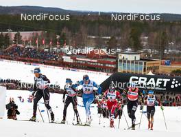 14.03.2014, Falun, Sweden (SWE): Sadie Bjornsen (USA), Sophie Caldwell (USA), Anne Kylloenen (FIN), Heidi Weng (NOR), Kikkan Randall (USA), Stefanie Boehler (GER), (l-r) - FIS world cup cross-country, individual sprint, Falun (SWE). www.nordicfocus.com. © Felgenhauer/NordicFocus. Every downloaded picture is fee-liable.
