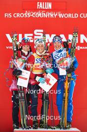 15.03.2014, Falun, Sweden (SWE): Marit Bjoergen (NOR), Therese Johaug (NOR), Kerttu Niskanen (FIN), (l-r) - FIS world cup cross-country, skiathlon women, Falun (SWE). www.nordicfocus.com. © Felgenhauer/NordicFocus. Every downloaded picture is fee-liable.
