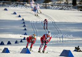 15.03.2014, Falun, Sweden (SWE): Therese Johaug (NOR), Marit Bjoergen (NOR), (l-r) - FIS world cup cross-country, skiathlon women, Falun (SWE). www.nordicfocus.com. © Felgenhauer/NordicFocus. Every downloaded picture is fee-liable.