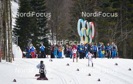 14.02.2014, Sochi, Russia (RUS): athletes coming up the hill towards the olympic rings - XXII. Olympic Winter Games Sochi 2014, cross-country, 15km men, Sochi (RUS). www.nordicfocus.com. © NordicFocus. Every downloaded picture is fee-liable.