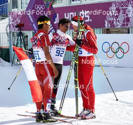14.02.2014, Sochi, Russia (RUS): Dachhiri Sherpa (NEP), Roberto Carcelen (PER), Dario Cologna (SUI), (l-r) - XXII. Olympic Winter Games Sochi 2014, cross-country, 15km men, Sochi (RUS). www.nordicfocus.com. © NordicFocus. Every downloaded picture is fee-liable.