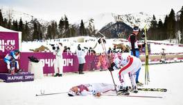 14.02.2014, Sochi, Russia (RUS): Adrien Backscheider (FRA), Cyril Miranda (FRA), (l-r) - XXII. Olympic Winter Games Sochi 2014, cross-country, 15km men, Sochi (RUS). www.nordicfocus.com. © NordicFocus. Every downloaded picture is fee-liable.