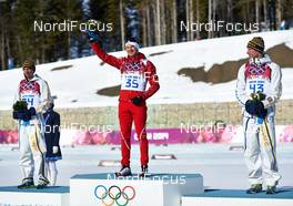 14.02.2014, Sochi, Russia (RUS): Johan Olsson (SWE), Dario Cologna (SUI), Daniel Richardsson (SWE), (l-r) - XXII. Olympic Winter Games Sochi 2014, cross-country, 15km men, Sochi (RUS). www.nordicfocus.com. © NordicFocus. Every downloaded picture is fee-liable.