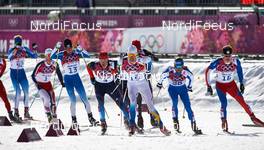 23.02.2014, Sochi, Russia (RUS): Matti Heikkinen (FIN), Alexander Legkov (RUS), Johan Olsson (SWE), Roland Clara (ITA), Lukas Bauer (CZE), (l-r) - XXII. Olympic Winter Games Sochi 2014, cross-country, 50km men, Sochi (RUS). www.nordicfocus.com. © NordicFocus. Every downloaded picture is fee-liable.