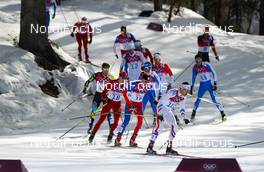 23.02.2014, Sochi, Russia (RUS): Robin Duvillard (FRA), Rossignol, One Way followed by Lukas Bauer (CZE), Fischer, Leki, Alpina, Rottefella, Swix, Toko and Dario Cologna (SUI), Fischer, Swix, Alpina, Rottefella, Odlo - XXII. Olympic Winter Games Sochi 2014, cross-country, 50km men, Sochi (RUS). www.nordicfocus.com. © NordicFocus. Every downloaded picture is fee-liable.