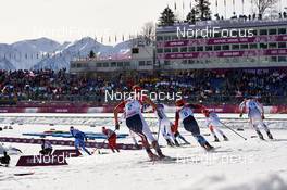 23.02.2014, Sochi, Russia (RUS): Chris Andre Jespersen (NOR), Ilia Chernousov (RUS), Martin Bajcicak (SVK), (l-r) - XXII. Olympic Winter Games Sochi 2014, cross-country, 50km men, Sochi (RUS). www.nordicfocus.com. © NordicFocus. Every downloaded picture is fee-liable.